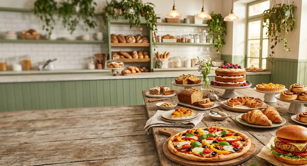 Cakes, pastries, pizza and burger on a bakery table
